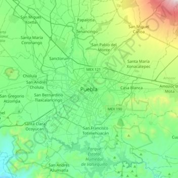 Puebla City topographic map, elevation, terrain