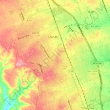 Leander topographic map, elevation, terrain