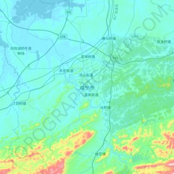 咸宁市 topographic map, elevation, terrain