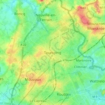 Tourcoing topographic map, elevation, terrain