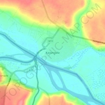 Kazungula topographic map, elevation, terrain