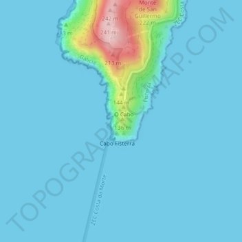Cabo Fisterra topographic map, elevation, terrain
