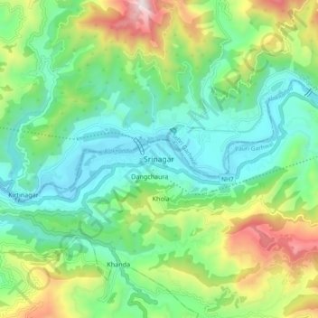 Srinagar topographic map, elevation, terrain