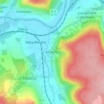 Moulins topographic map, elevation, terrain