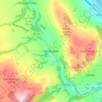 Llanfynydd topographic map, elevation, terrain