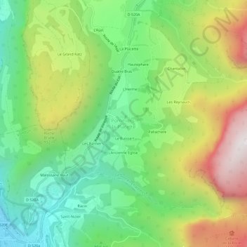 Pommiers-la-Placette topographic map, elevation, terrain