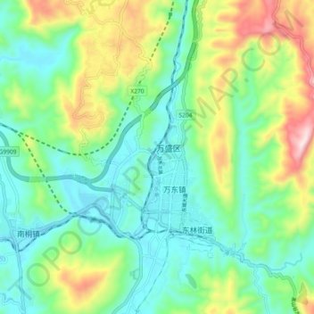 万盛街道 topographic map, elevation, terrain