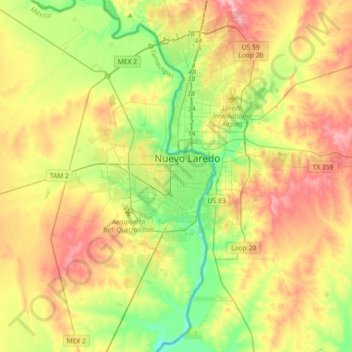 Nuevo Laredo topographic map, elevation, terrain