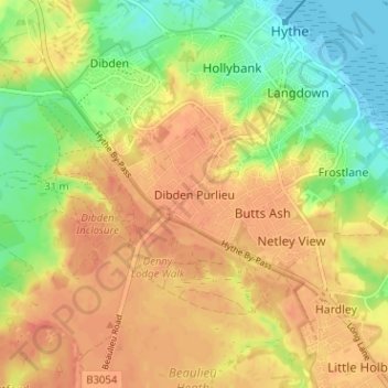Dibden Purlieu topographic map, elevation, terrain