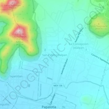 San Pablo Jolalpan topographic map, elevation, terrain