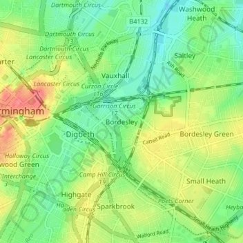 Bordesley topographic map, elevation, terrain