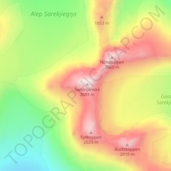 Sarektjåkkå topographic map, elevation, terrain