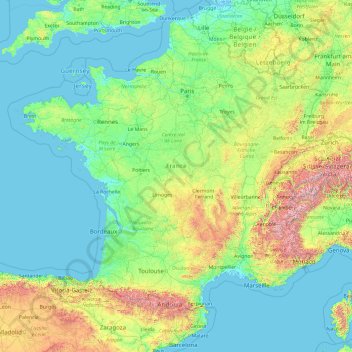 França metropolitana topographic map, elevation, terrain