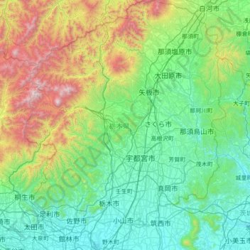 栃木県 topographic map, elevation, terrain
