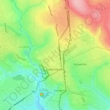 Lubumbashi topographic map, elevation, terrain