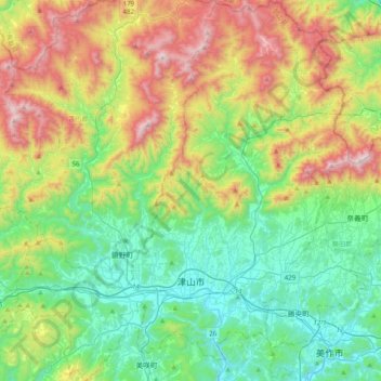 津山市 topographic map, elevation, terrain