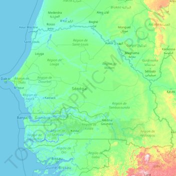 Senegal topographic map, elevation, terrain