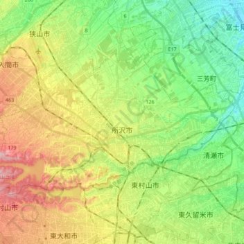 所沢市 topographic map, elevation, terrain