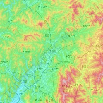 Hoengseong-gun topographic map, elevation, terrain