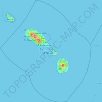 Saint Kitts and Nevis topographic map, elevation, terrain