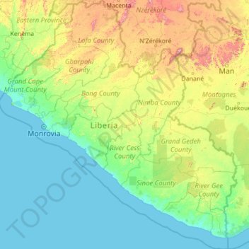 Liberia topographic map, elevation, terrain