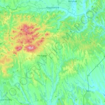 Pécsváradi kistérség topographic map, elevation, terrain