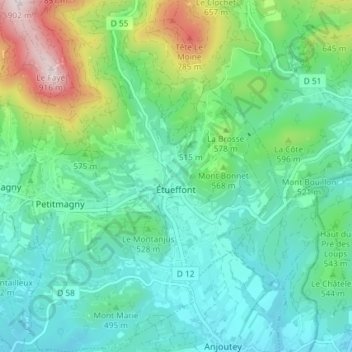 Étueffont topographic map, elevation, terrain
