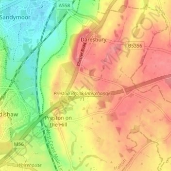 Daresbury topographic map, elevation, terrain
