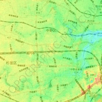 中野区 topographic map, elevation, terrain