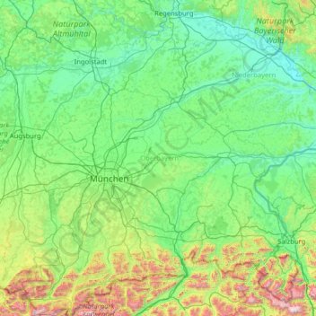 Oberbayern topographic map, elevation, terrain