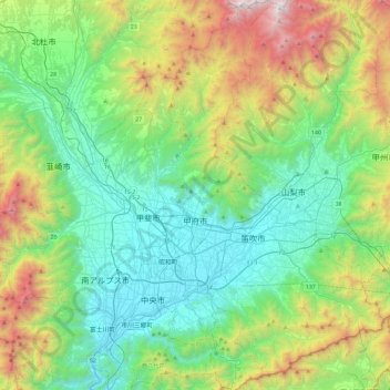 甲府市 topographic map, elevation, terrain
