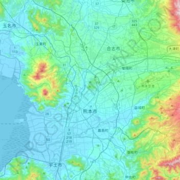 熊本市 topographic map, elevation, terrain