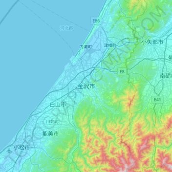 金沢市 topographic map, elevation, terrain