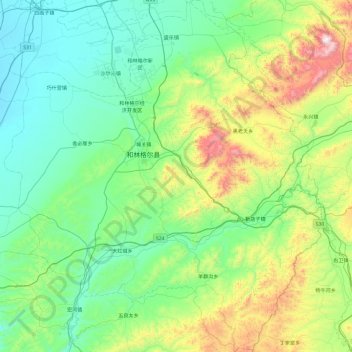和林格尔县 topographic map, elevation, terrain
