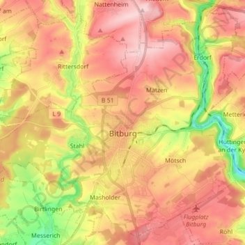 Bitburg topographic map, elevation, terrain