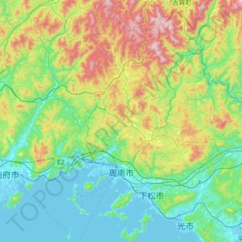 周南市 topographic map, elevation, terrain