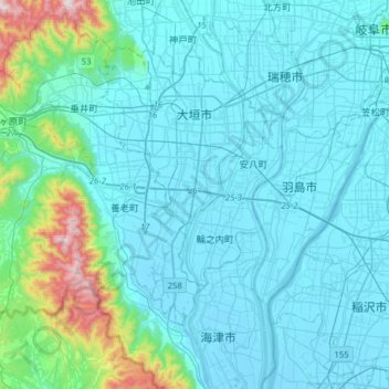 大垣市 topographic map, elevation, terrain