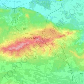 Zielona Góra topographic map, elevation, terrain