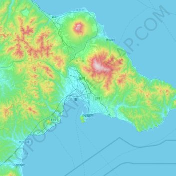 函館市 topographic map, elevation, terrain