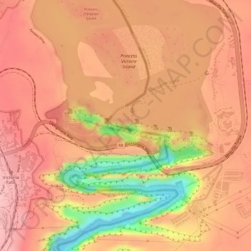 Victoria Falls topographic map, elevation, terrain