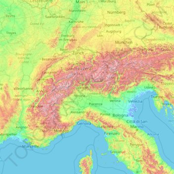 Map Of The Alps Alps Topographic Map, Elevation, Relief